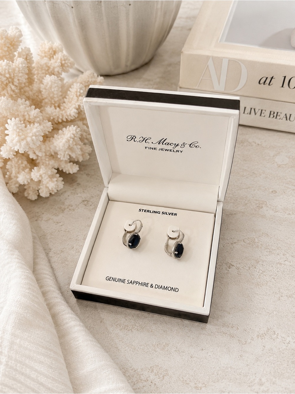 Macy's Sterling Silver Sapphire and Diamond Earrings - Blue and Silver NO BOX